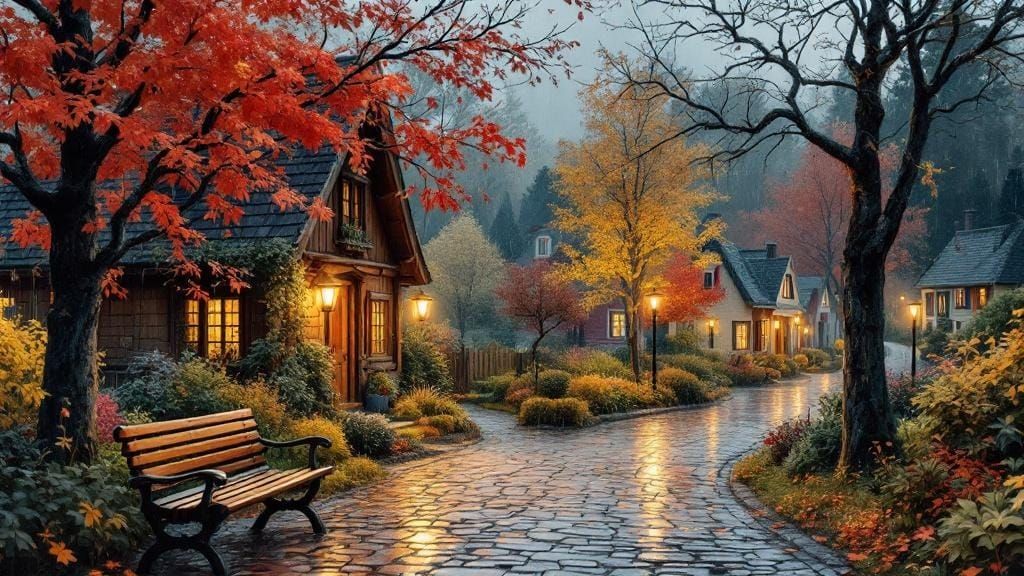 Charming Autumn Village Scene in the Rain