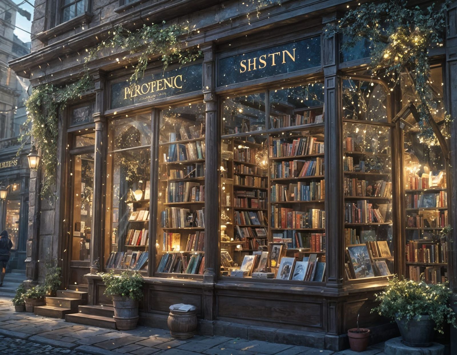 Immersive Fantasy Bookstore Window Display in Stunning Digit...