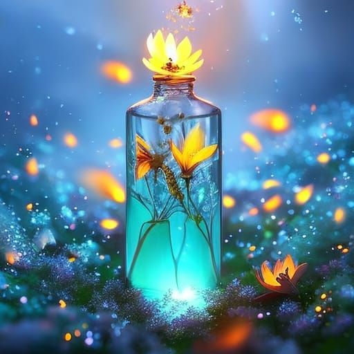 Luminous Flowers and Fireflies in Glass Bottle