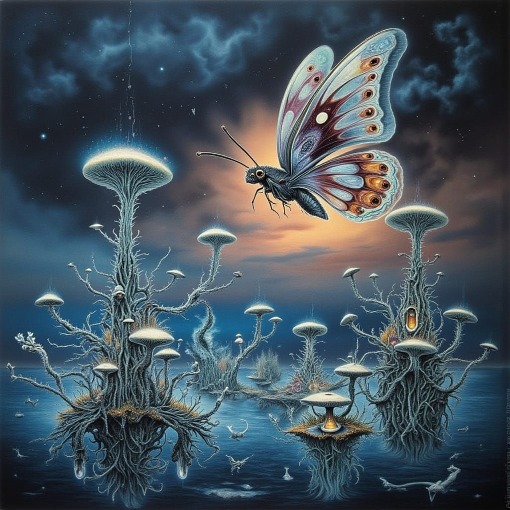 Ethereal Mindscape with Butterfly and Skeletal Towers