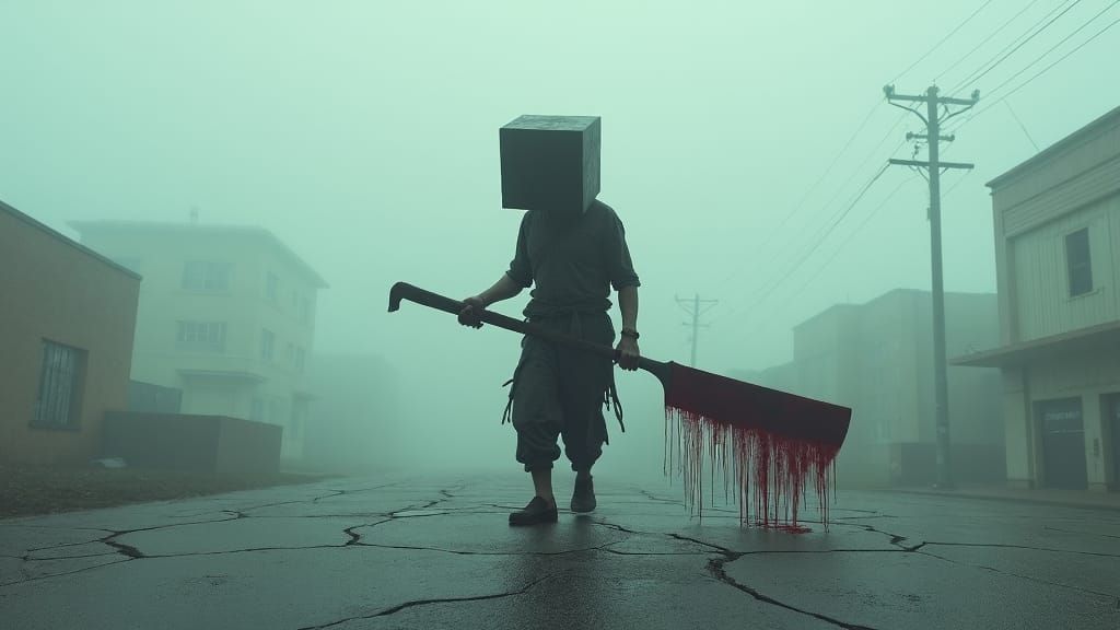 Cubehead Figure in Fog-Shrouded Wasteland