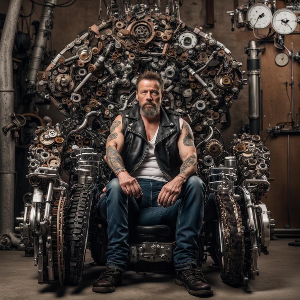 Biker King on Motorcycle Throne with Angel and Devil