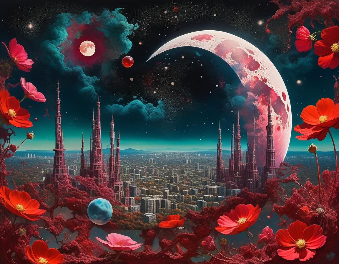 Crimson Moonscape in Glass Cage, Vintage Oil Painting