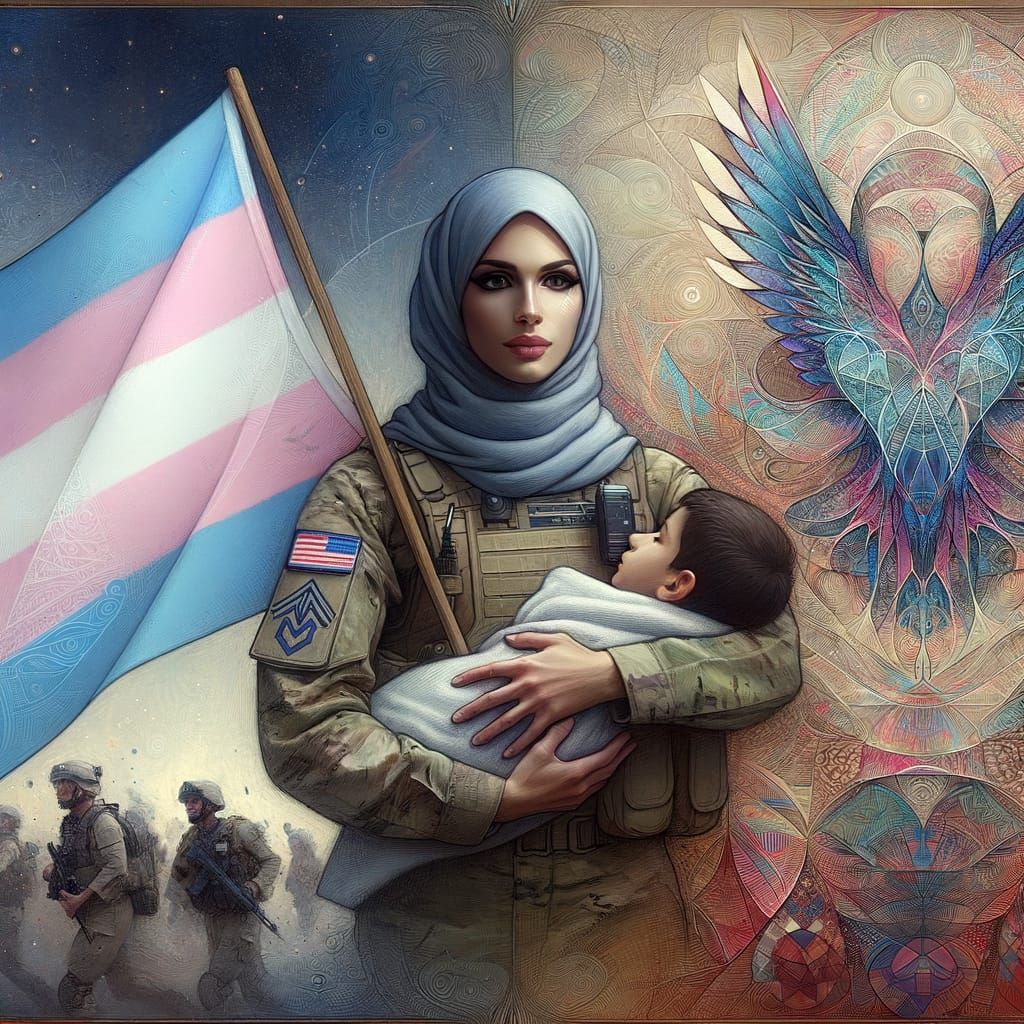 A watercolor painting of a transgender woman in an Air Force uniform with light pink, white, and light blue flag, with a...