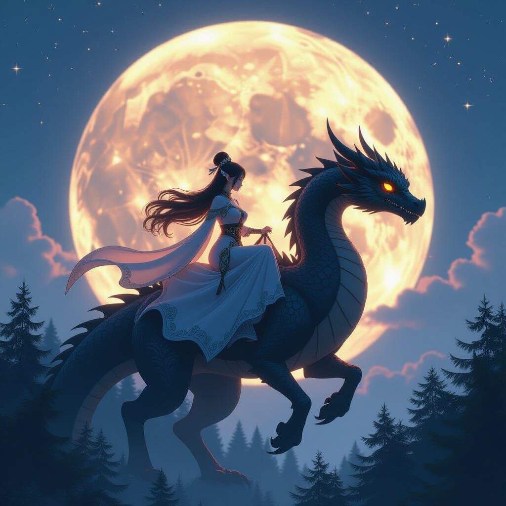 Elf Woman on Dragon in Moonlit Anime Style