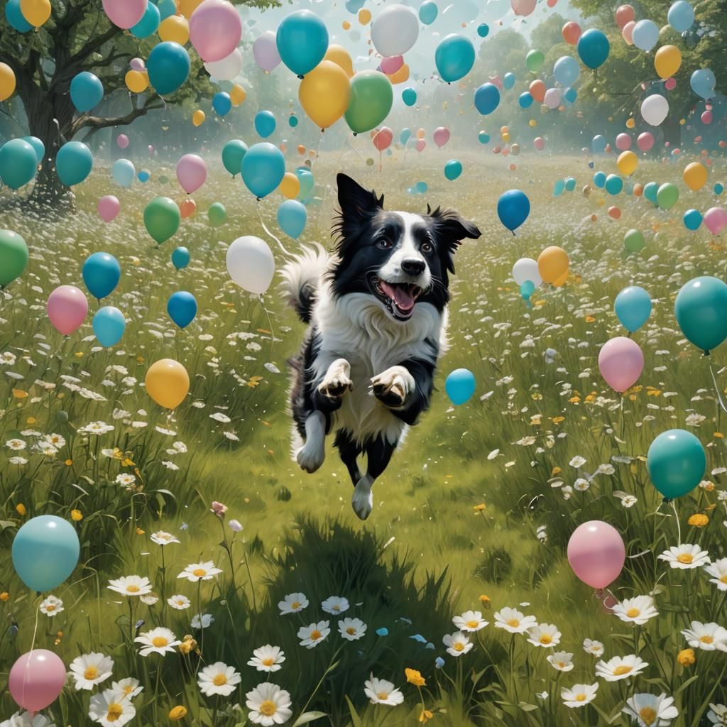 Border Collie's Fractal Balloon Meadow: 8k Digital Art
