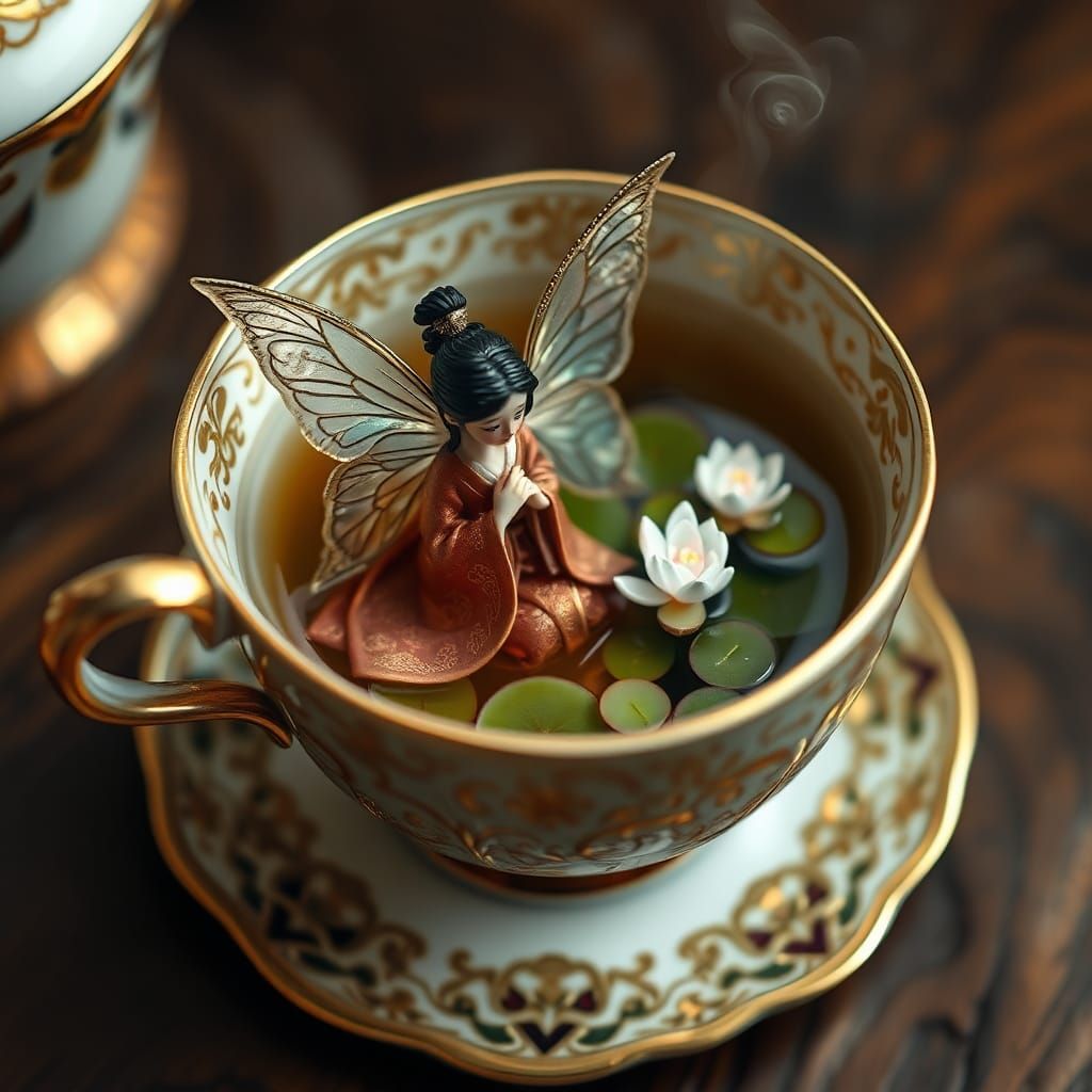 Miniature Fairy Geisha in Teacup, Surreal Dreamscape
