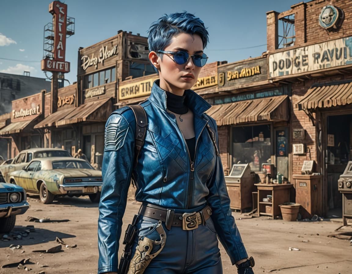 Cyberpunk Woman with Blue Hair in Futuristic City