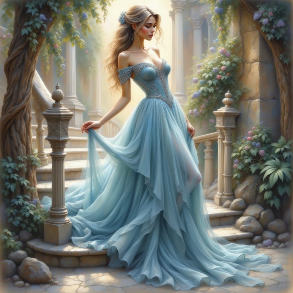 Elegant Woman Descends Glittering Staircase