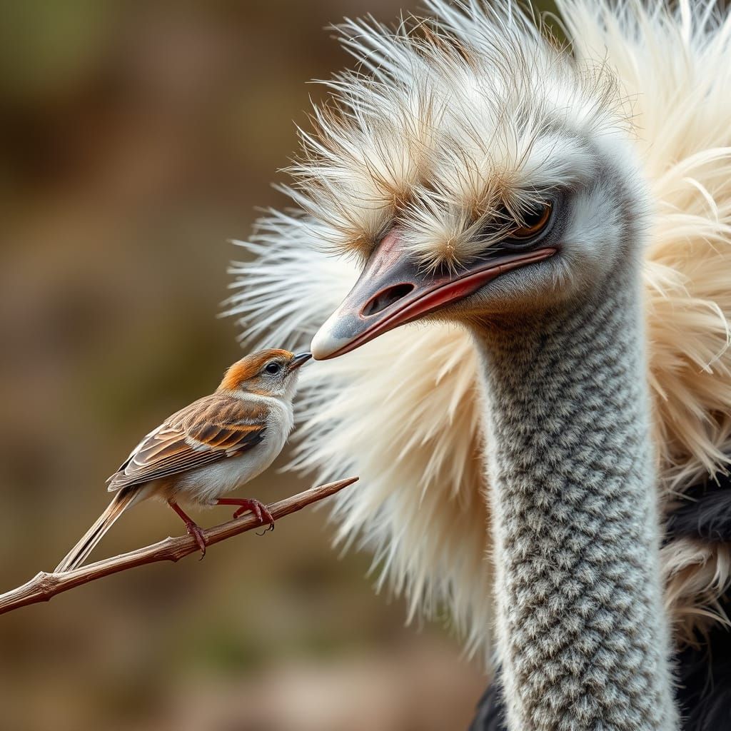 Sparrow and Ostrich Touch Beaks in Avian Style