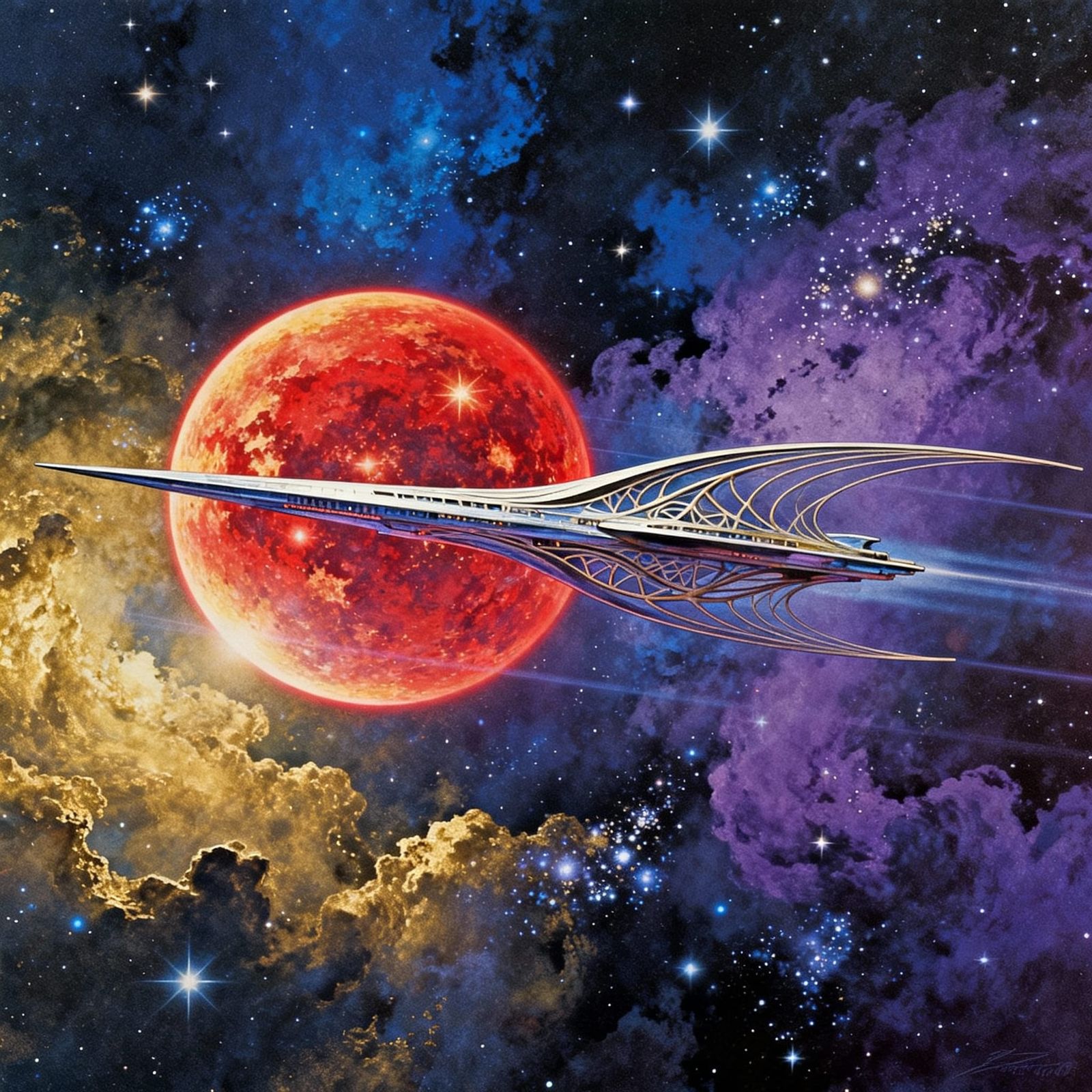 Ancient red-shifted star Earendel with an elven-like spacecraft (delicate lines, very sleek) cruising around it. Roger D...