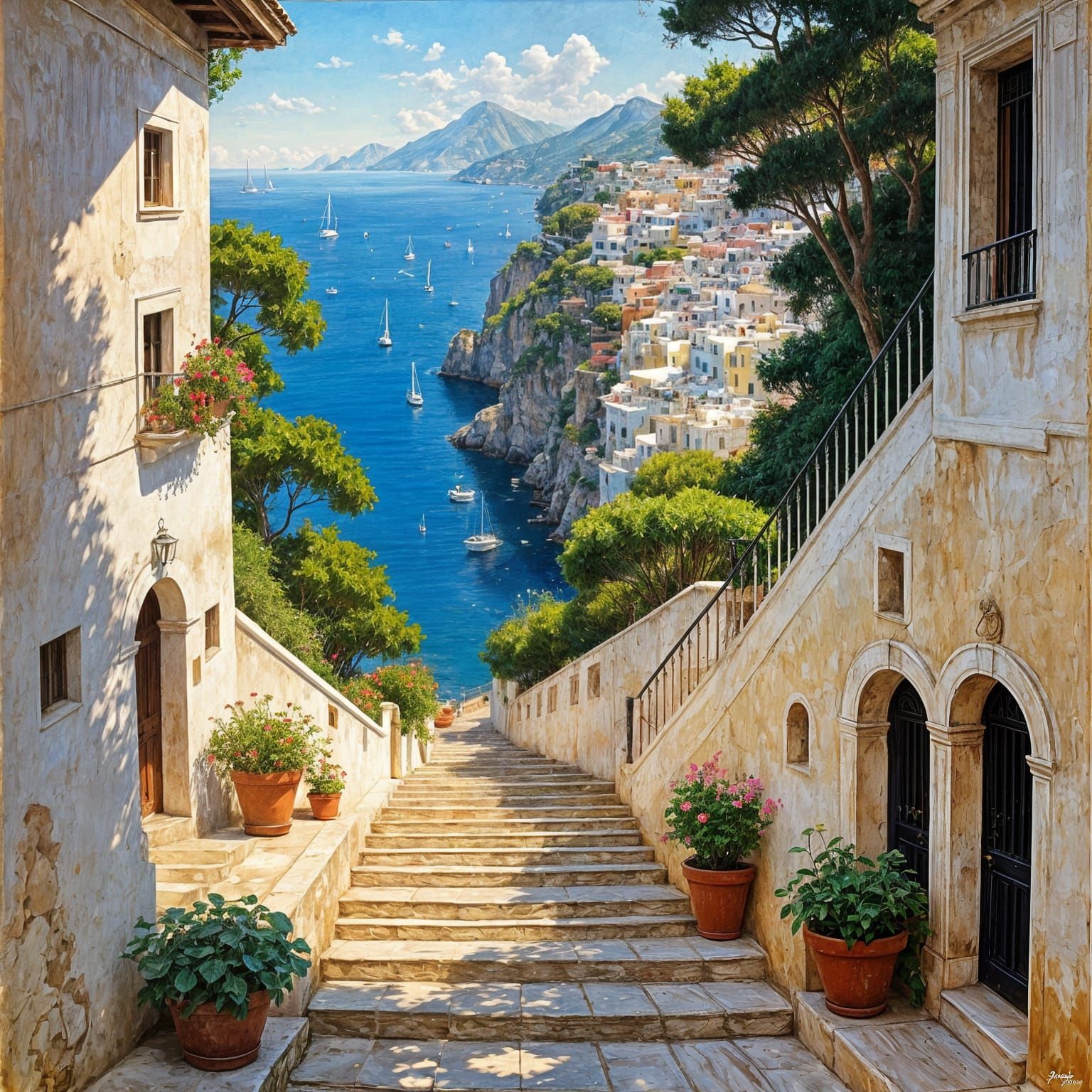 Staircase in Capri: Impressionistic Art