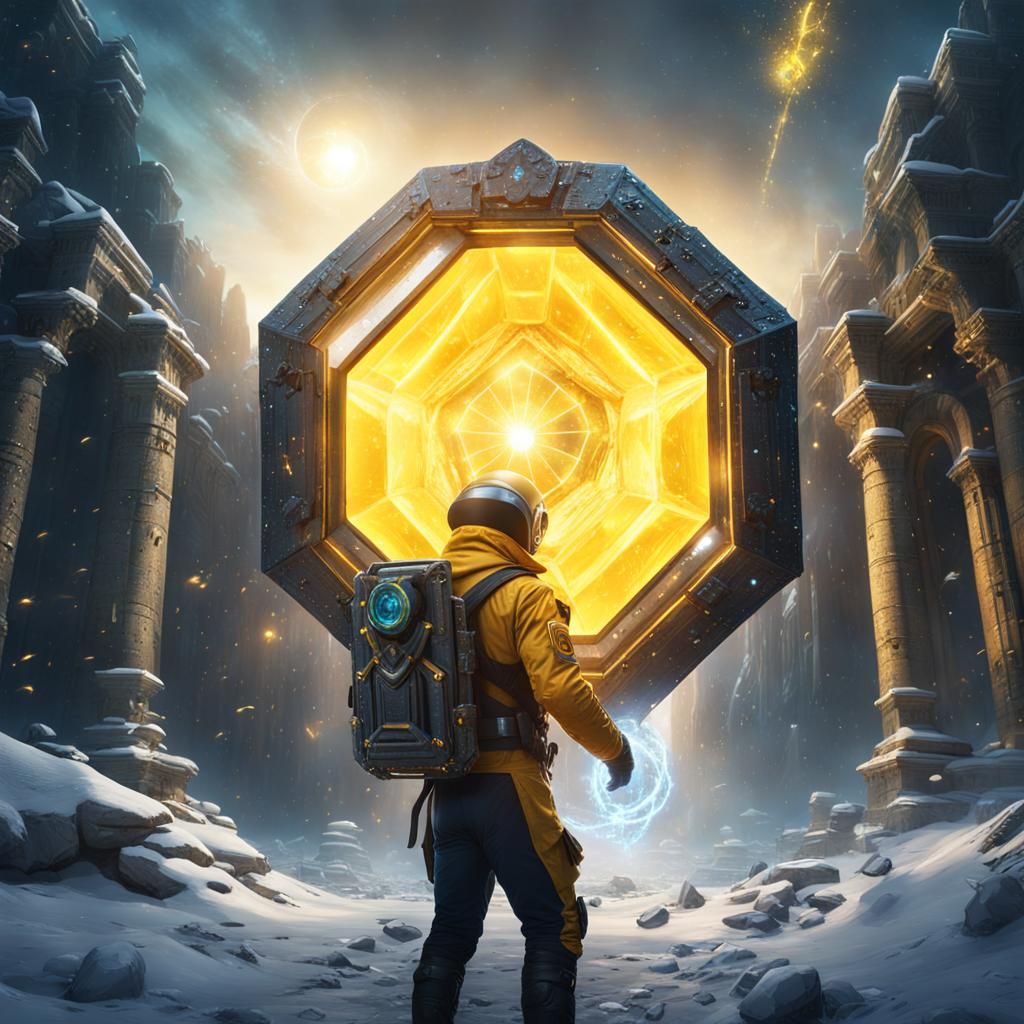 Astronaut Opens Portal in Snowy City Ruins