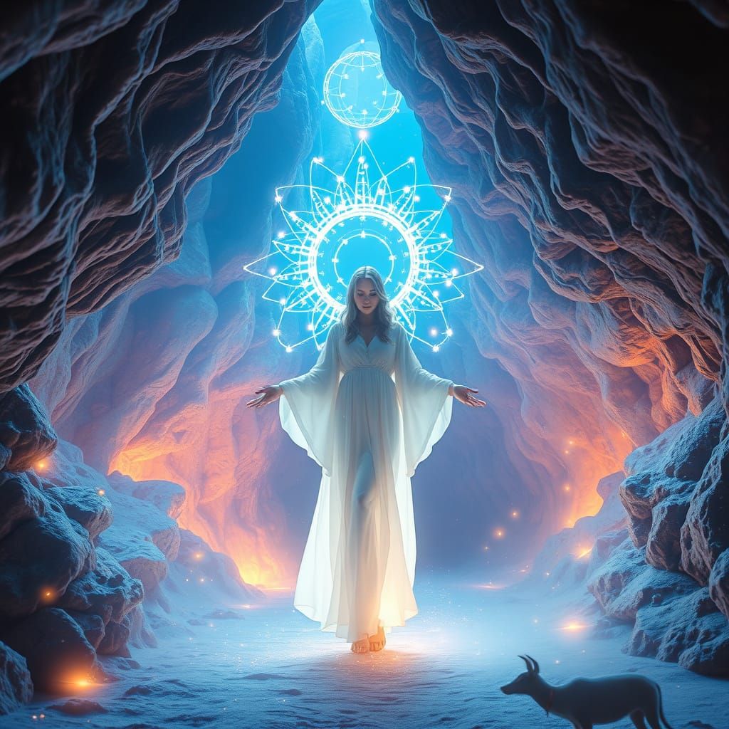 Ethereal Woman in Cave of Shimmering Energy