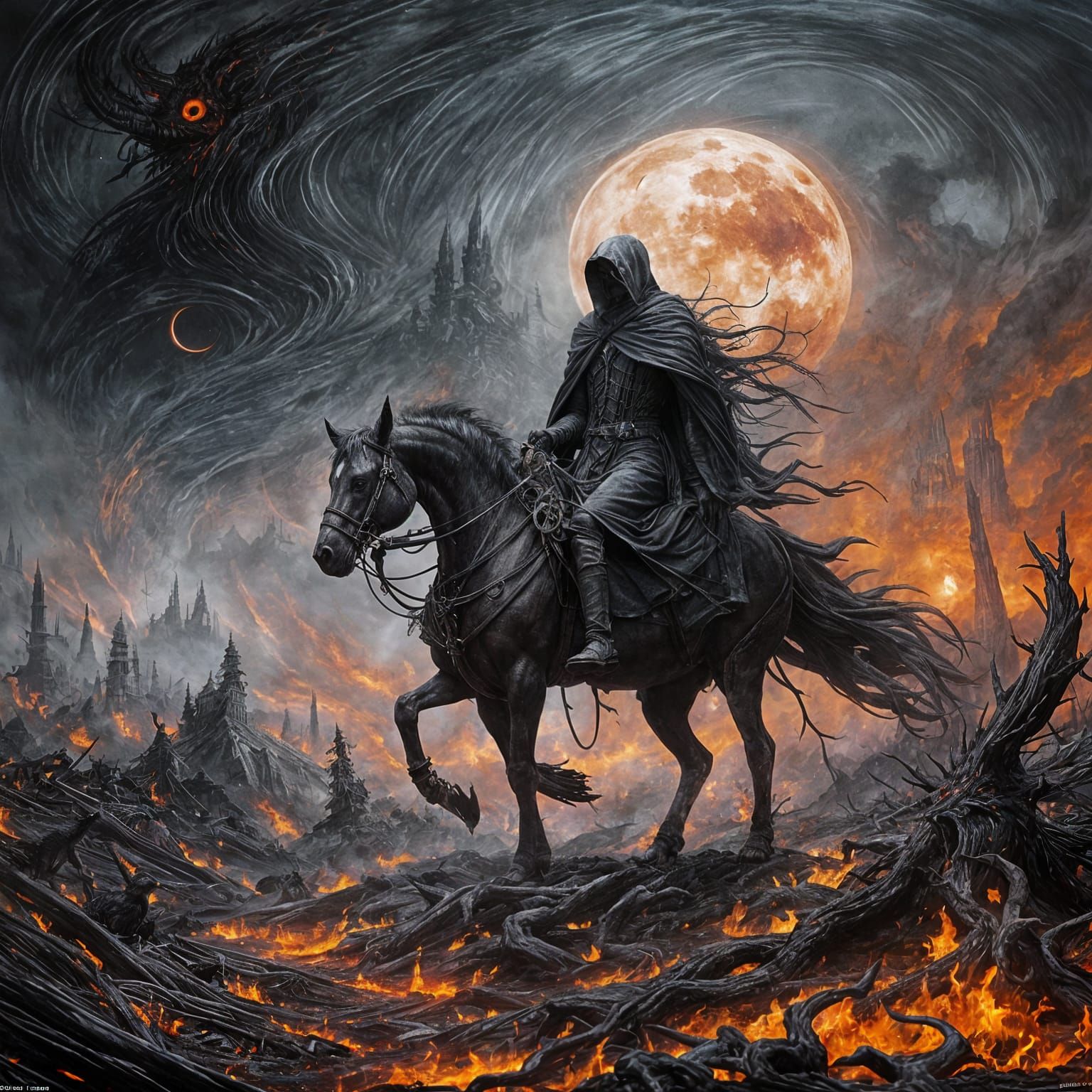 Apocalyptic Scene: Skull, Grim Reaper on Horse, Burning Sky