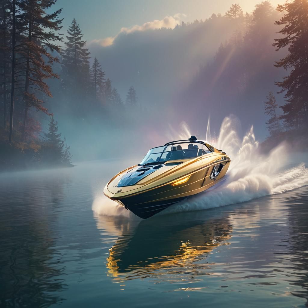 Mystical Powerboat on Serene Lake in Digital Art