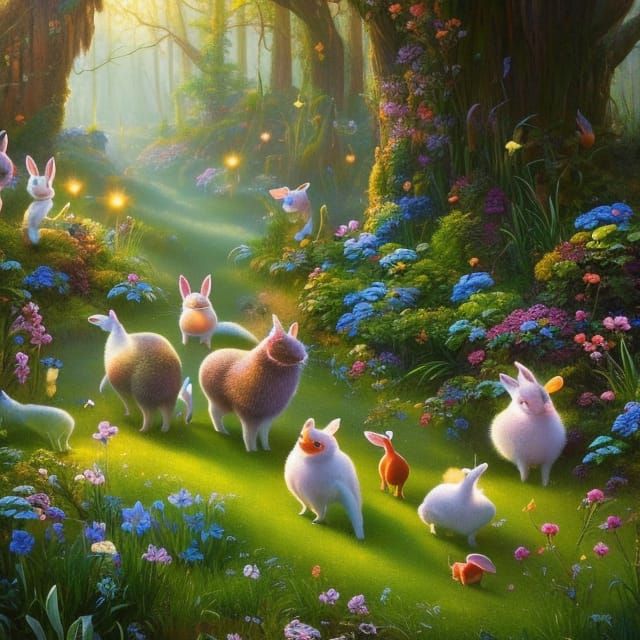 Enchanted Rabbits Playing in Whimsical Forest
