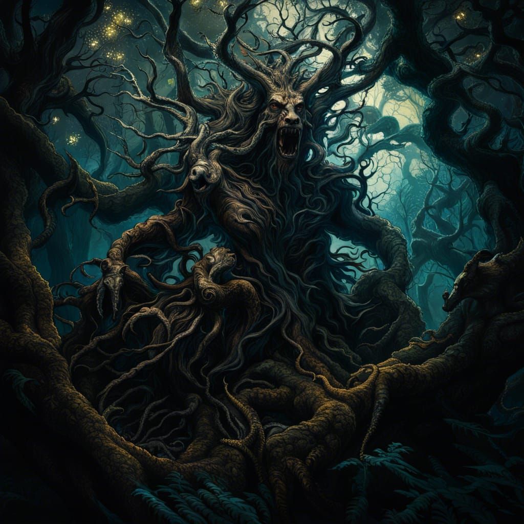 Ancient Creature in Dark Enchanted Forest: Gothic Art