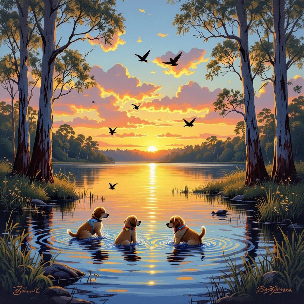 Sunset Lake Scene with Puppies, Realism Style