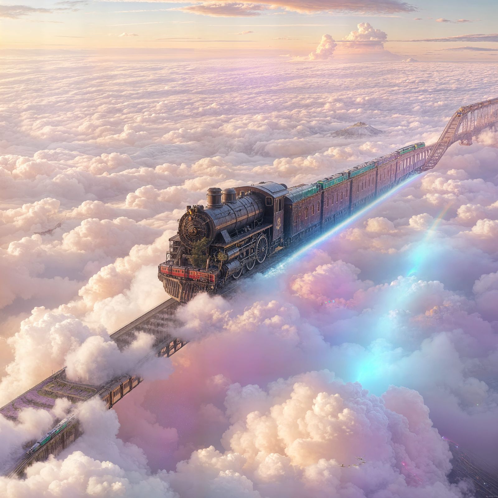Surreal Train Ride on a Rainbow Railway in Ethereal Skies