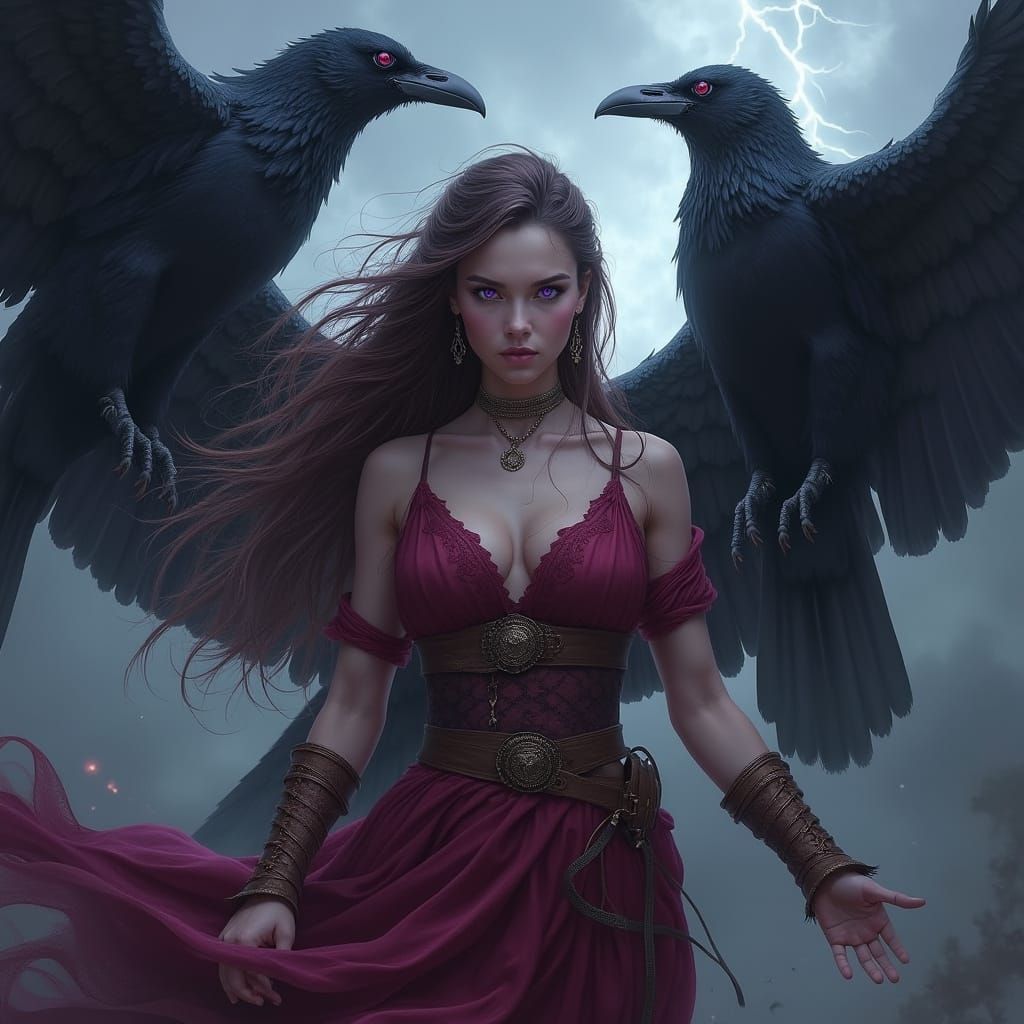 Viking Woman with Crows in Apocalyptic Landscape
