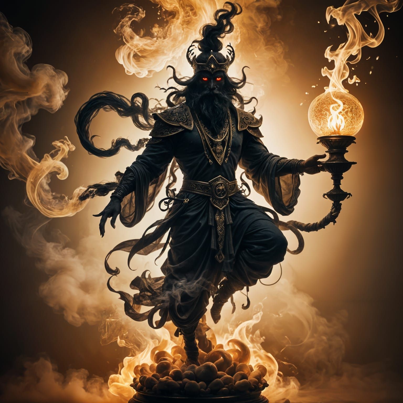 Vaporous Djinn Emerges from Lamp in Smoke Artwork