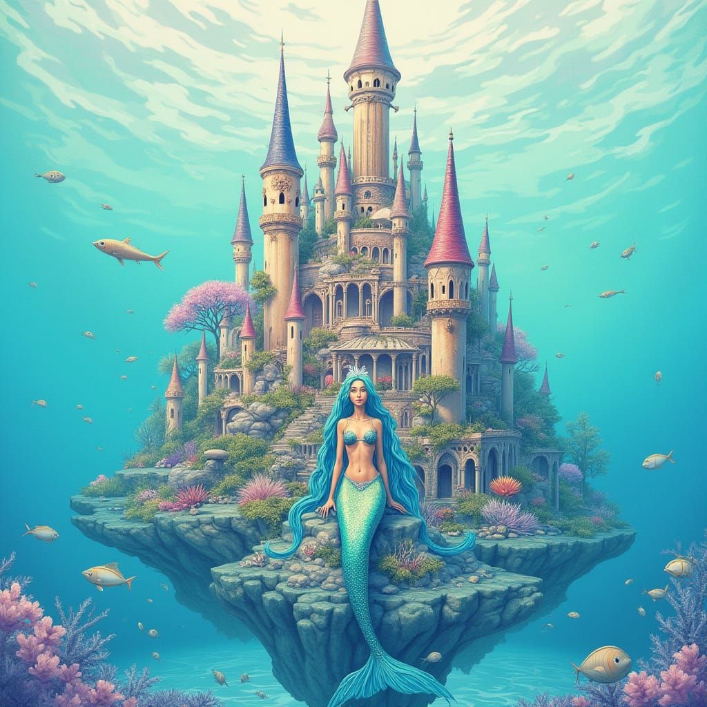 Enchanting Underwater Flag with Mermaid City in Vibrant Wate...