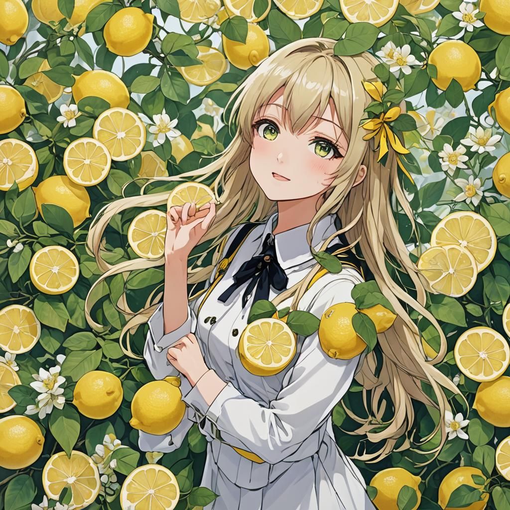Anime Girl Surrounded by Lemons in Manga Style