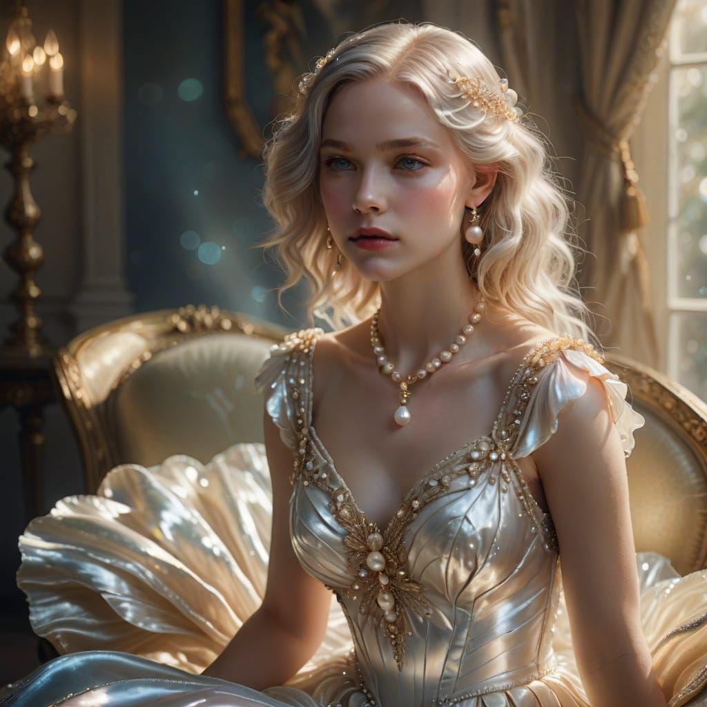 Ethereal Woman in Pearl Dress Fantasy Art