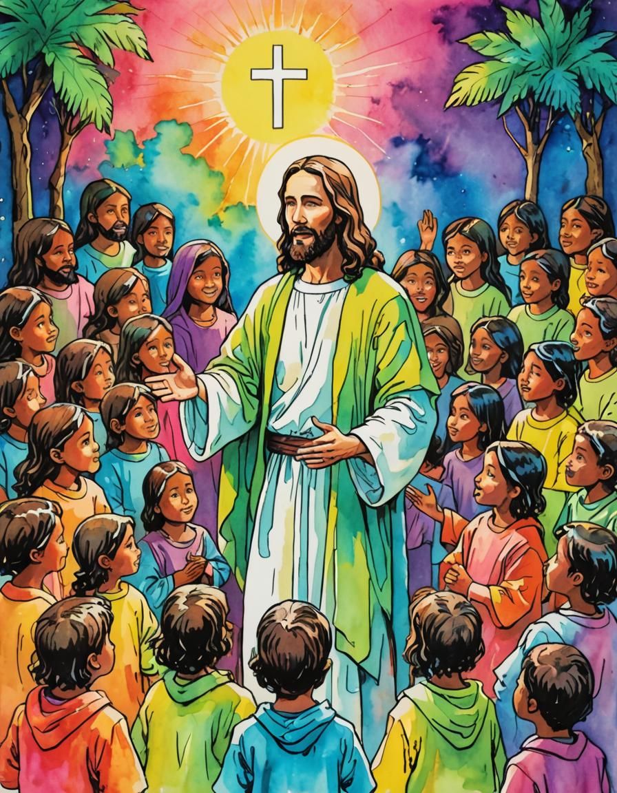 Jesus Preaching: Bright Neon Watercolor Illustration