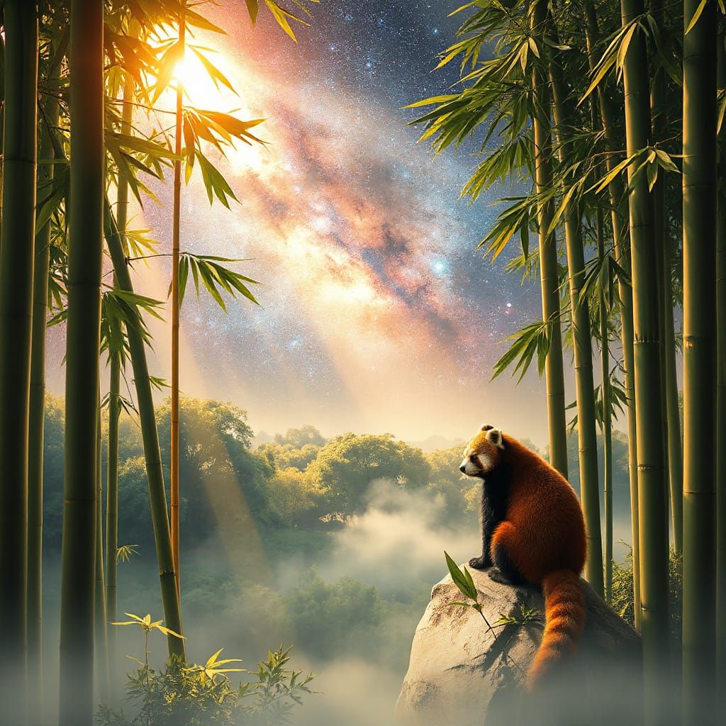 Golden Bamboo Forest with Red Panda Under Cosmic Sky