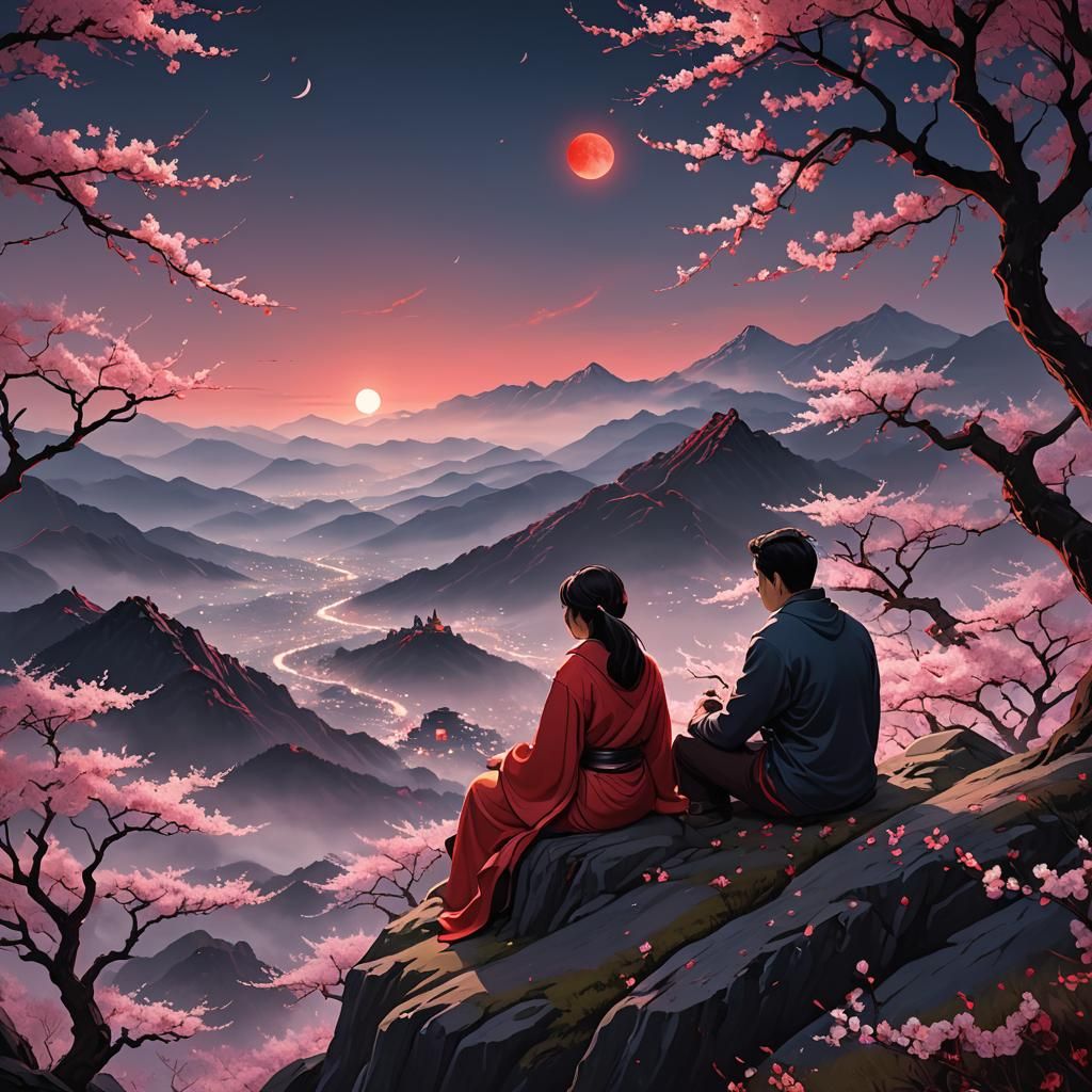 Couple on Misty Peak with Red Thread, Digital Art