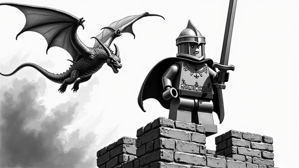 Lego Mini Figure Knight in Dramatic Black and White Art