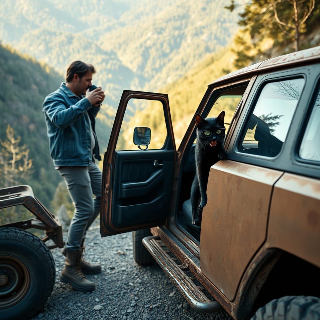 Mischievous Cat Steals Car on Mountain Road