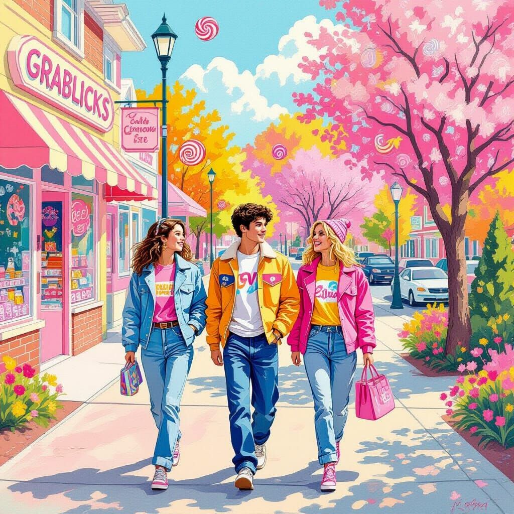 Vibrant 80s Teens in Candyland Gouache Style