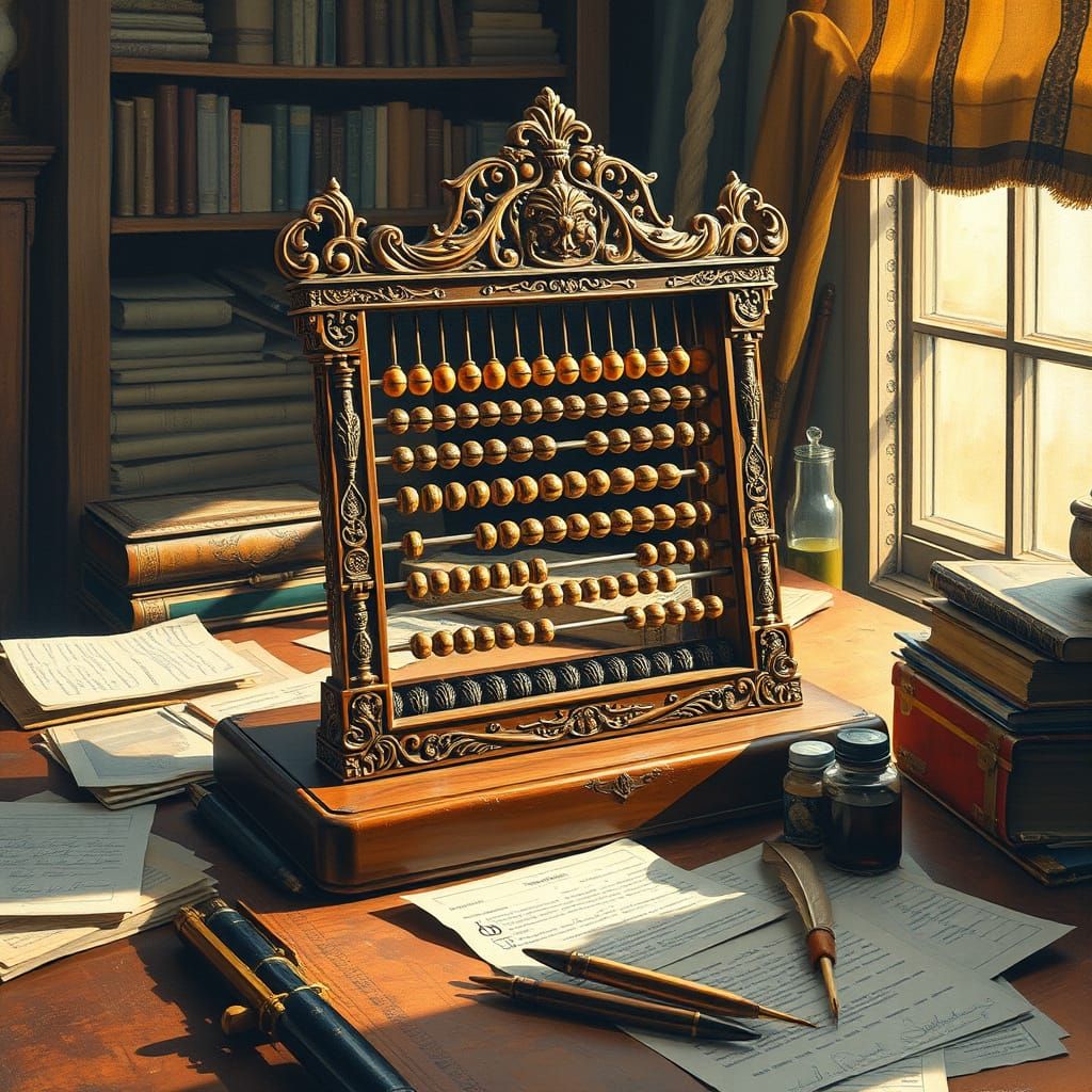 Elegant 19th-Century Study Abacus Masterpiece in Gouache and...