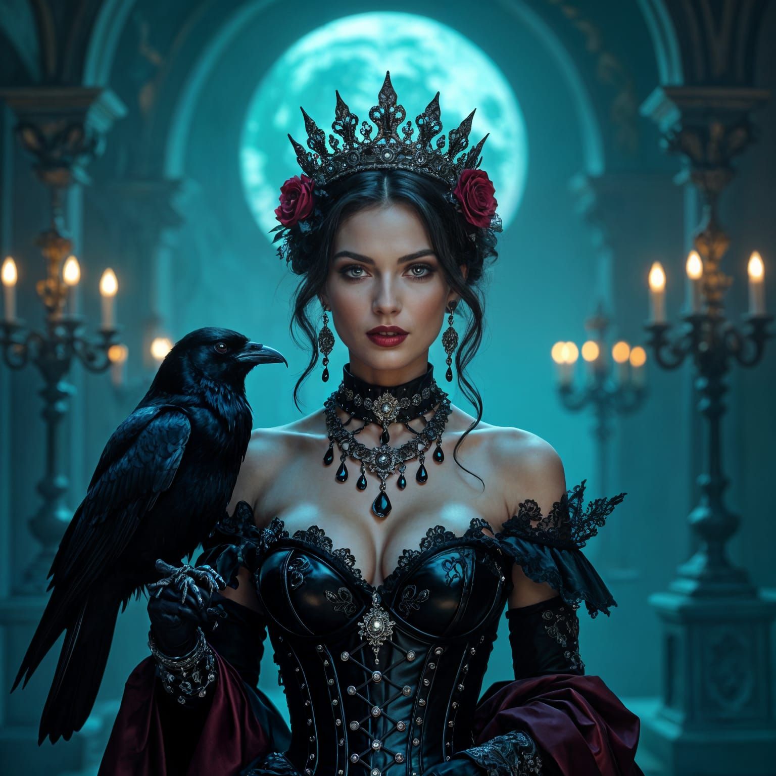 Gothic Hall Portrait of Regal Woman in Dark Regalia