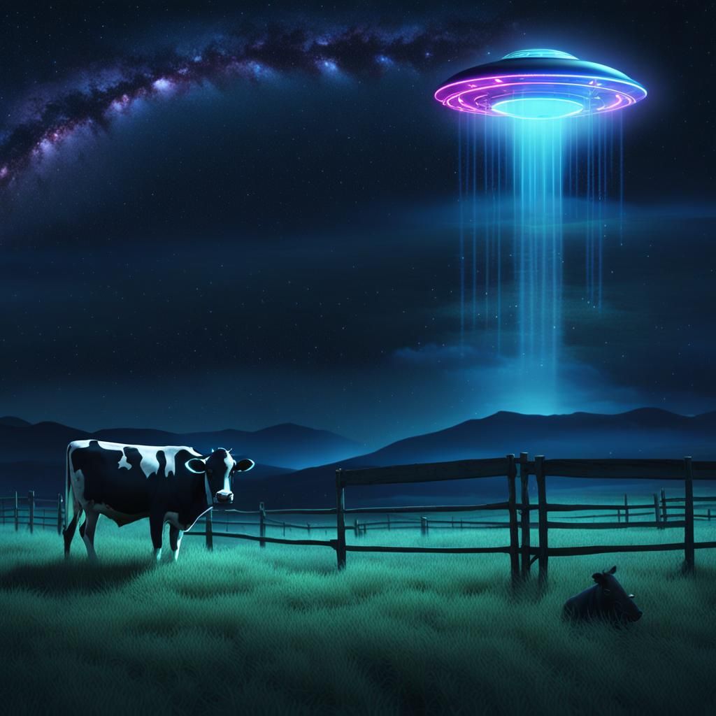 UFO Abduction of Cow with Neon Light Beam