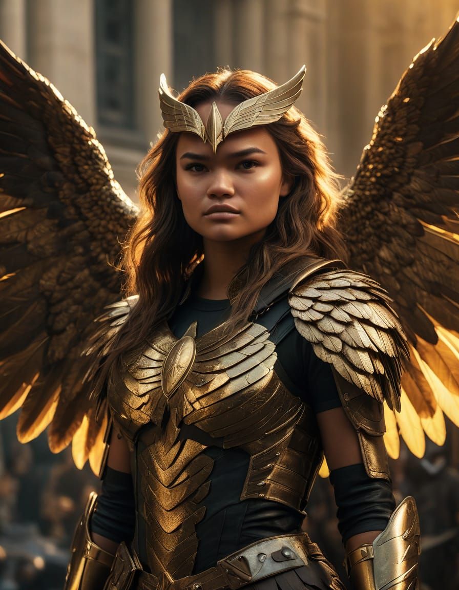 Vibrant Hawkgirl Cinematic Portrait in Epic Comic Book Art S...