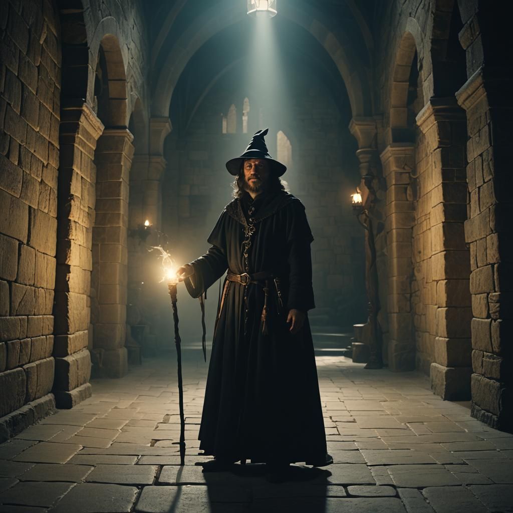 Medieval Mage with Glowing Staff in Cinematic Lighting