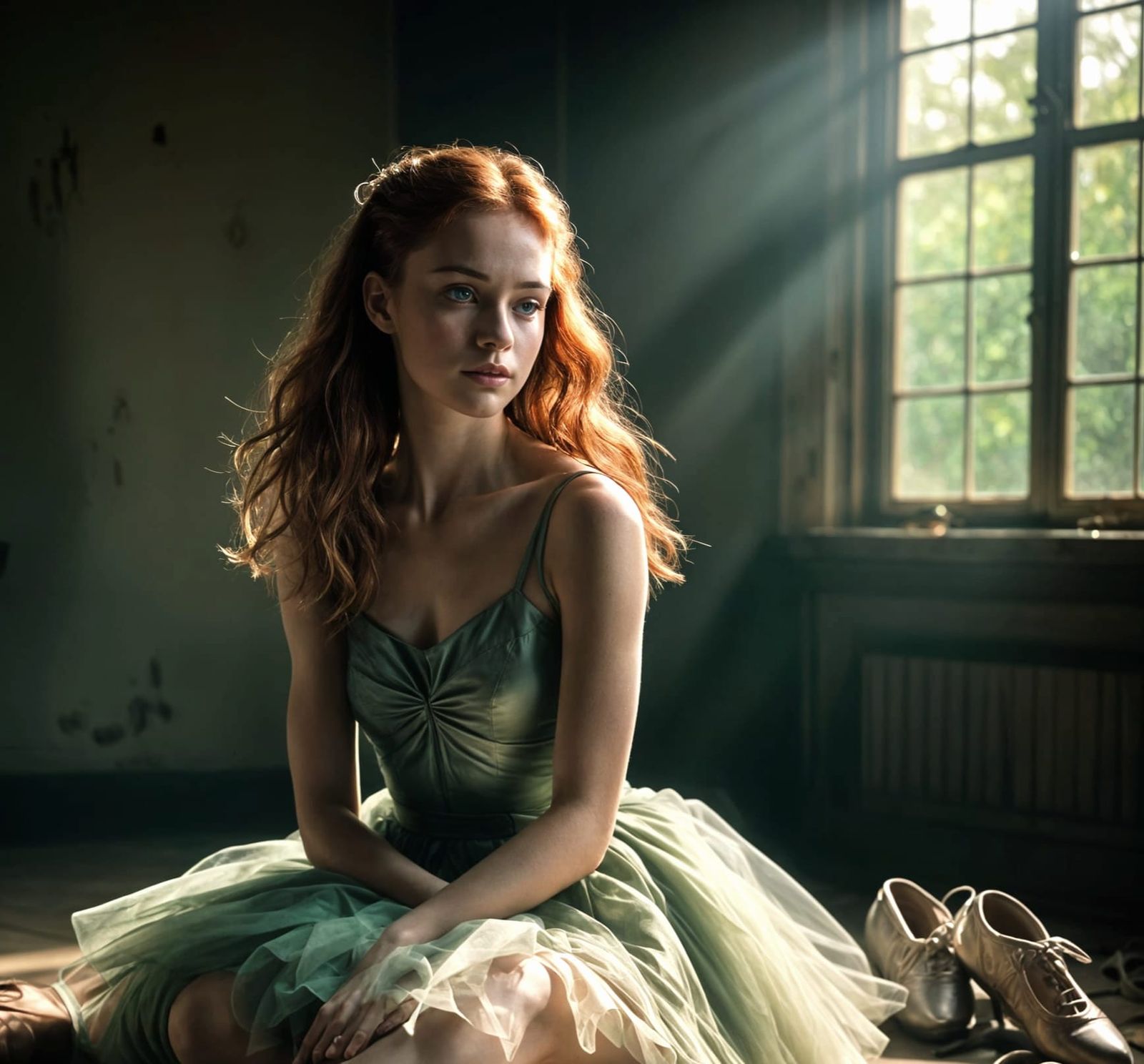 Sad Ballerina in Tattered Ballet Shoes