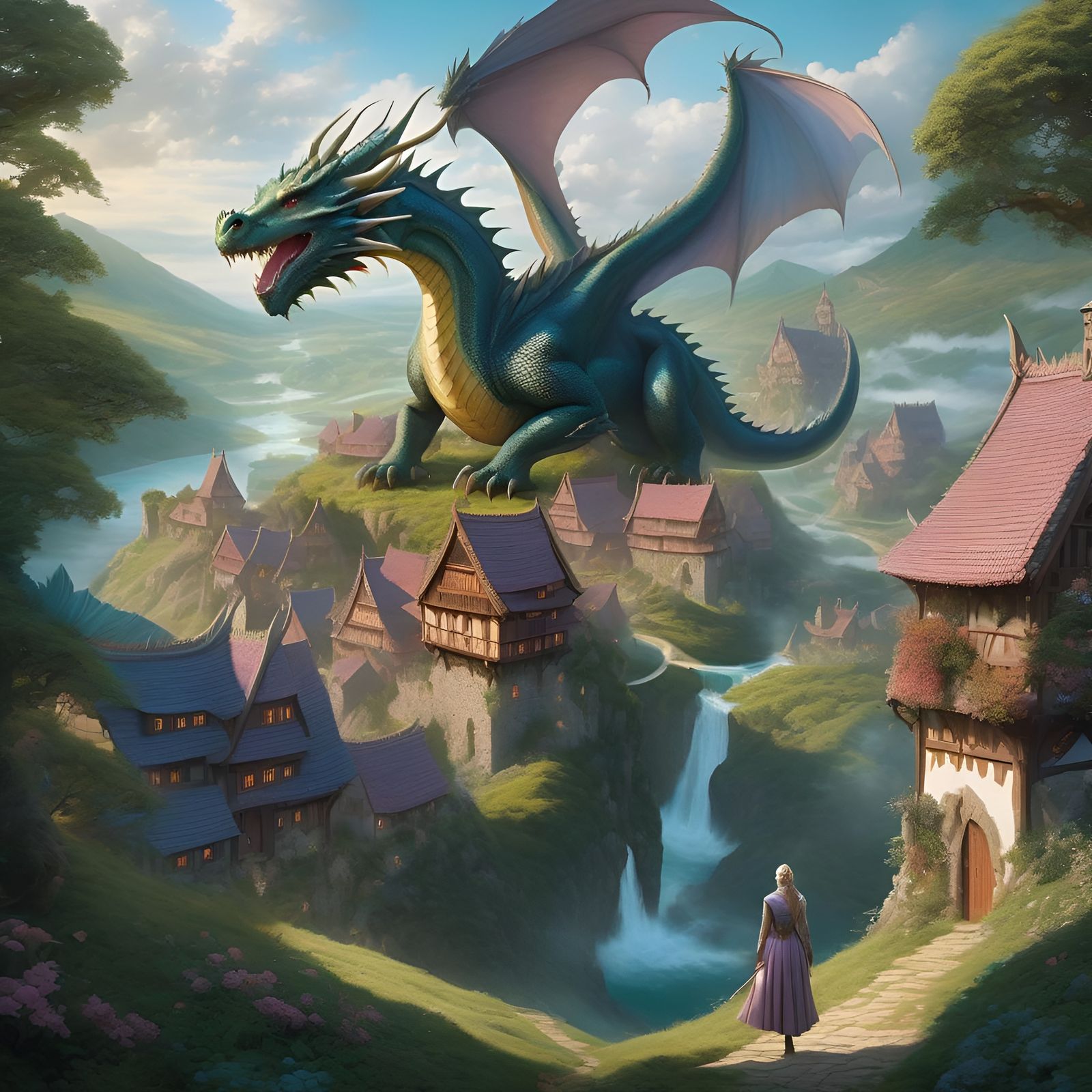 Dragon's Assault on Fairy Village: Ethereal Digital Art
