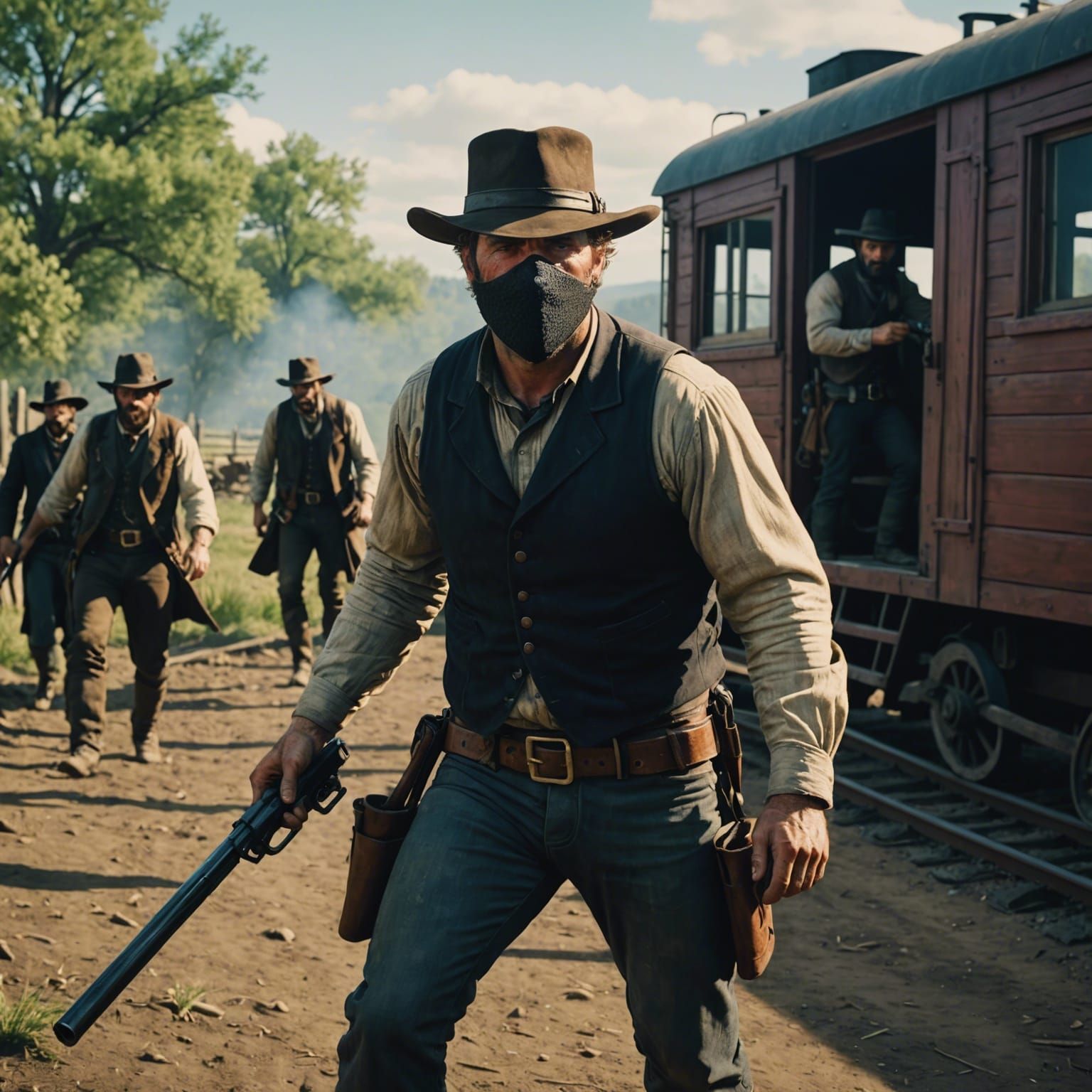 Wild West Train Robbery in Cinematic Style