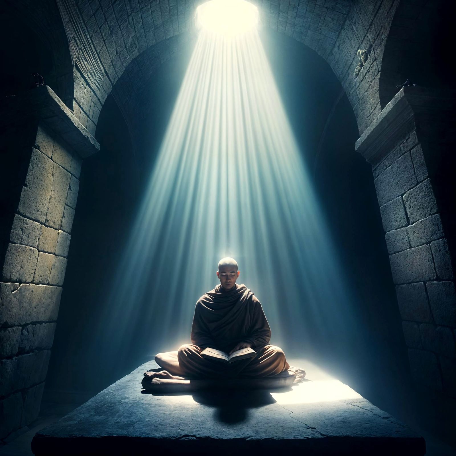 Monk Meditating in Ethereal Sunbeam