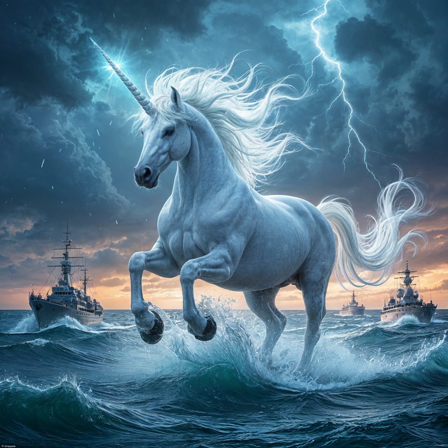 Gigantic Unicorn Galloping Across Stormy Ocean Fantasy Scene