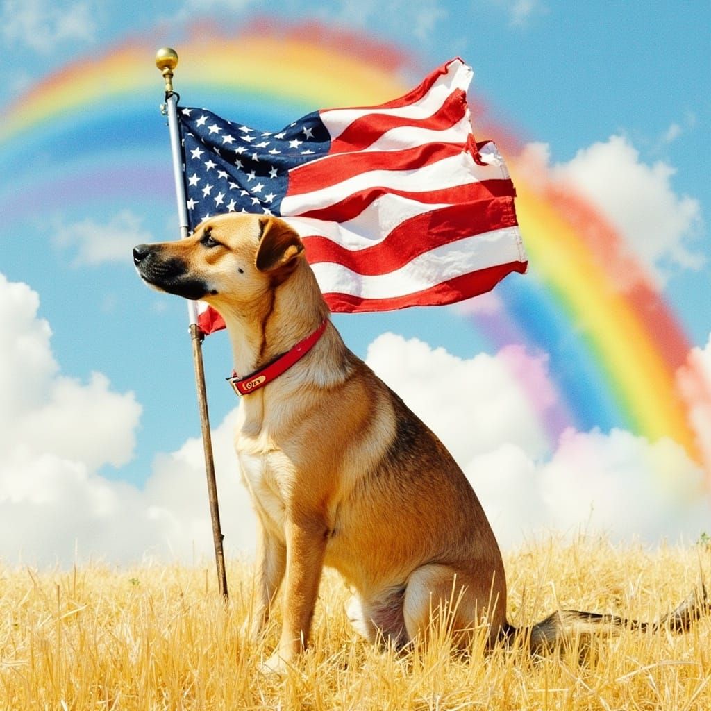 Playful Dog Under Vibrant Rainbow with American Flag