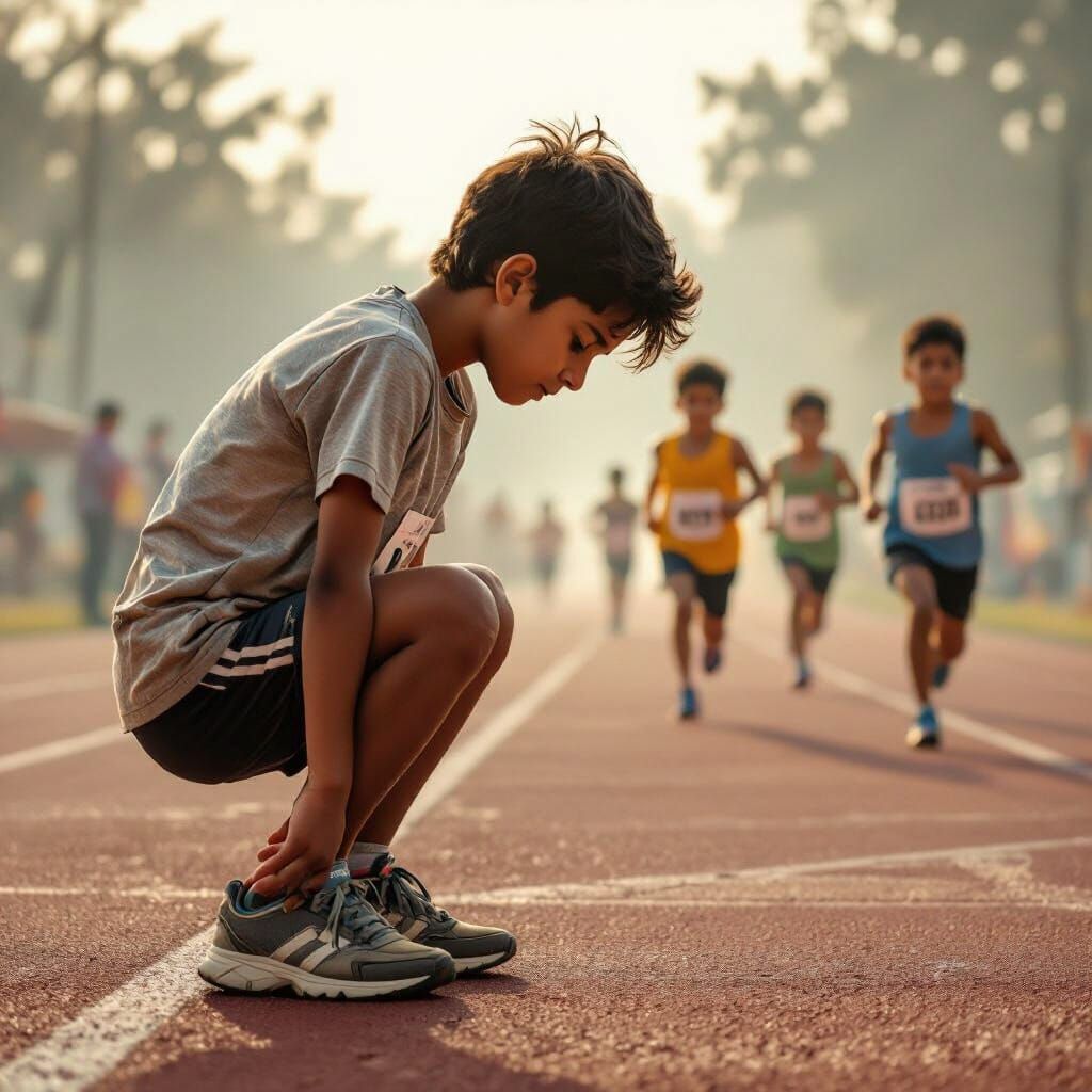 Discouraged Boy at Track in Realistic Style