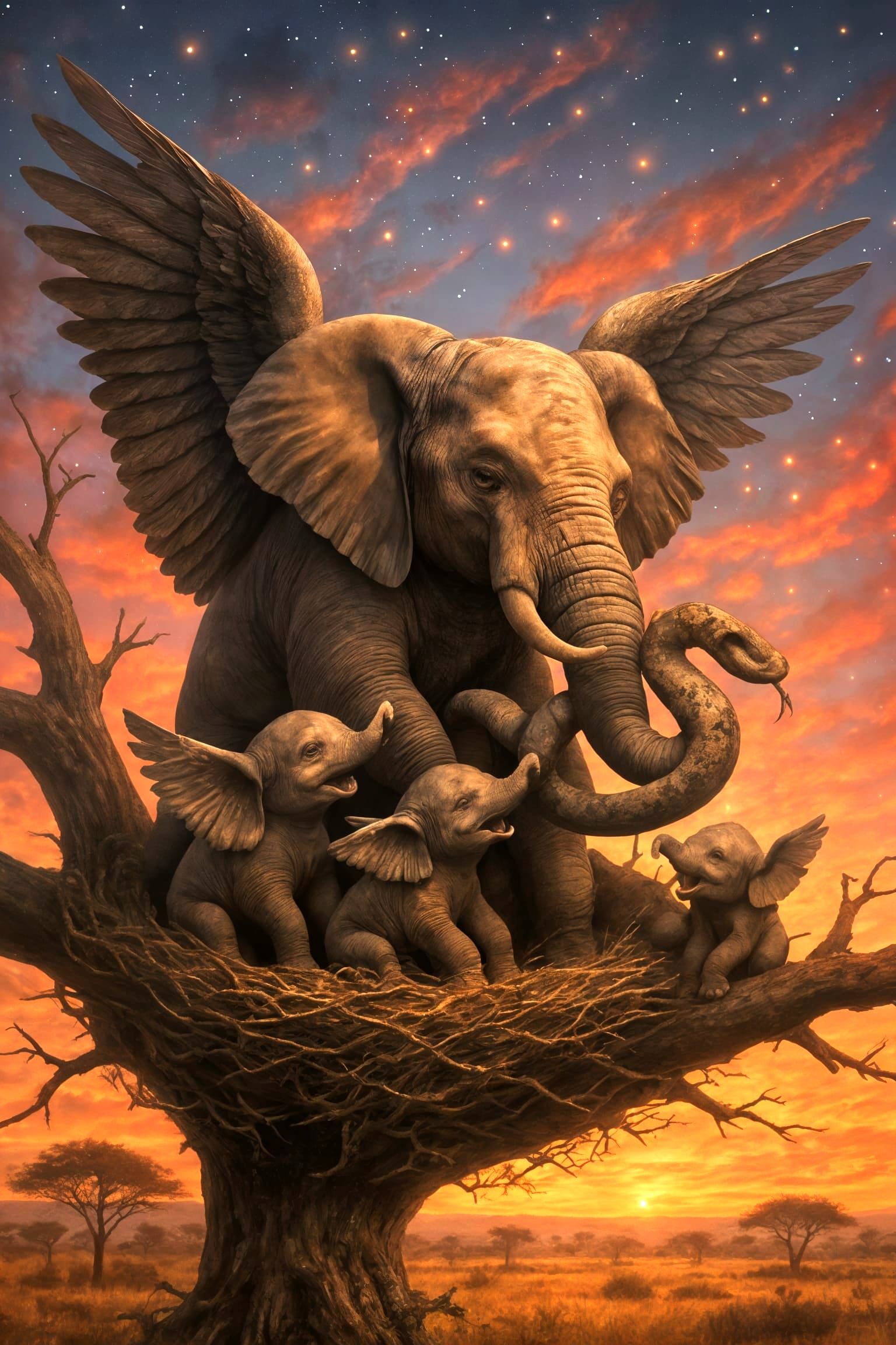 Winged Elephants Family Scene in African Savannah