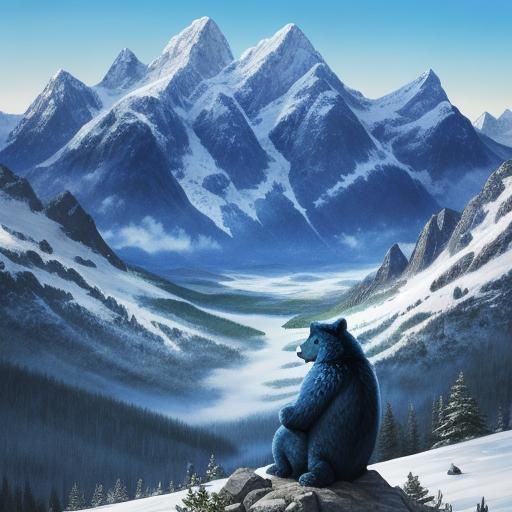 Blue Bear on Mountain Ledge: Digital Wildlife Art