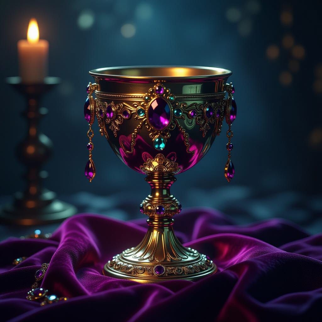 Ornate Golden Chalice with Gems in Mystical Setting